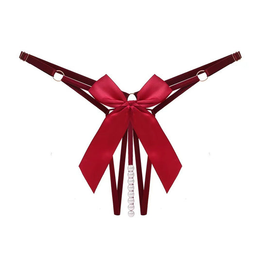 Crotchless Pearl Thong – One Size - Wine Red