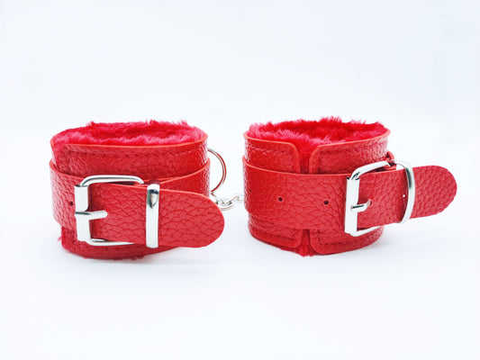 Classic PU Leather Bondage Cuffs – Soft Lined &; Adjustable - Red