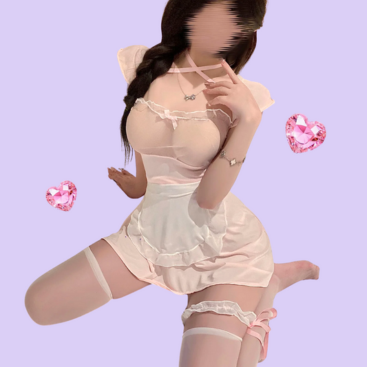 Pink &; White Rabbit Maid Lingerie Set – 4-Piece Dreamy Costume